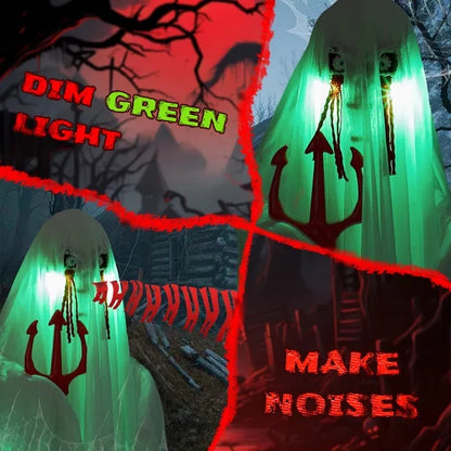 US Local 4.3ft Halloween Decorations Outdoor Life Size Animatronics Ghost With Trident, Sound-Actived Party Decor With Green Lights And Creepy Sound, Scary Haunted House Props For Garden Yard Lawn