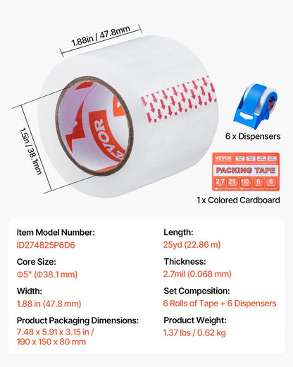 US Local Clear Packing Tape 6 Rolls 25 Yards Clear Shipping Tape With Dispenser 2.7 Mil