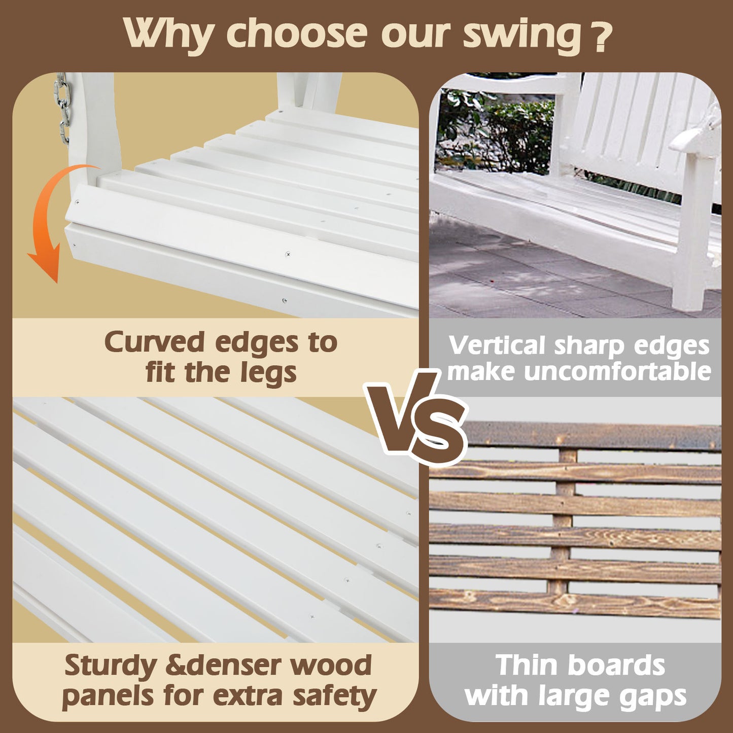 US Local Wooden Outdoor Porch Swing With 3-seat