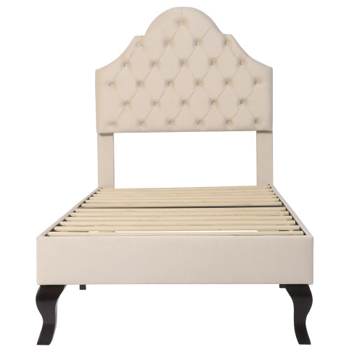 UK Local Upholstered Bed 90x190 With Slatted Frame And Headboard, Upholstered Bed With Height-adjustable Headboard, Youth Bed, Single Bed, Wooden Slat Support, Easy Assembly, Velvet, Beige