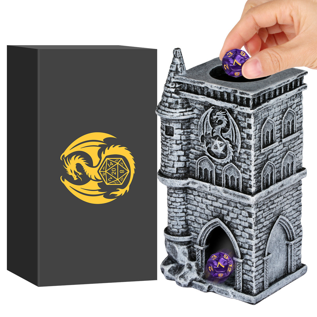 US Local D20 Castle Resin Dice Tower Gift Box Set , Exquisite Medieval , Inspired Design, Ideal For Tabletop RPG Enthusiasts. Perfect For Adding A Touch Of Fantasy To D&D And Other Role - Playing Games.