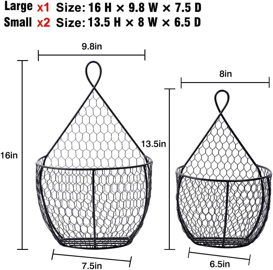 Set Of 3Metal Fruit And Vegetable Storage Hanging Basket Wall Mounted, Hanging Basket For Kitchen Black Wire Baskets For Flowers, Fruits And Veggies