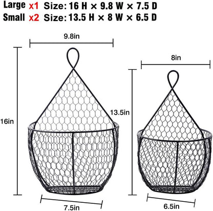 US Local Set Of 3 Metal Fruit And Vegetable Storage Hanging Basket Wall Mounted, Hanging Basket For Kitchen Black Wire Baskets For Flowers, Fruits And Veggies