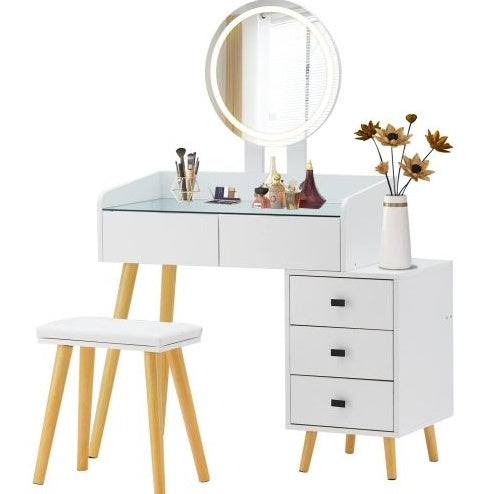US Local Dressing Table With LED Lights Glass Top Dressing Table With Extendable Side Table 5 Drawers Dressing Table With Mirror And Stool For Bedroom