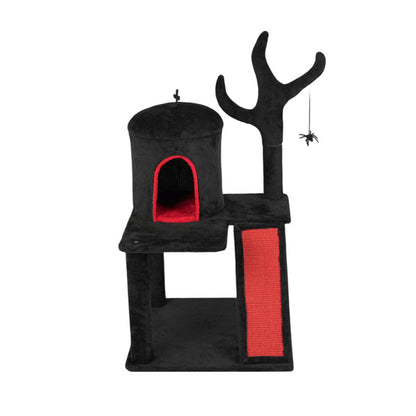 US Local Gothic Cat Tree, Halloween Cat Tower Cat Tree With Spacious Cat Condo, Brach Shaped Scratching Post, Scratching Ladder, Spider Toy For Indoor Cats, Red & Black