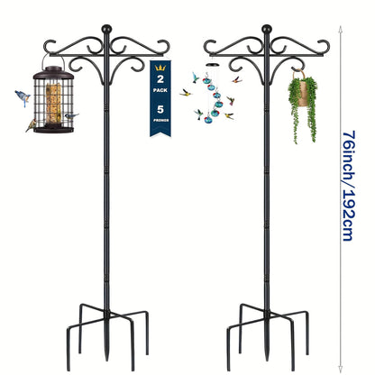 US Local Two Heavy Duty 76 Inch Outdoor Metal Shepherd's Hooks Traditional Double Bird Feeder Pole With Five Finger Adjustable Plant Hooks Suitable For Garden And Wedding Decoration Suitable For Bird Feeders P
