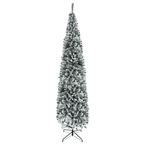 CA Local 9 ft Flocked Christmas Tree, Pencil Christmas Tree With Realistic Branch Tips, Folding Metal Stand, Green