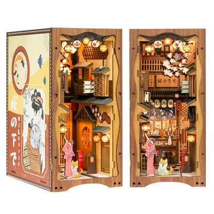 US Local CuteBee Handmade Craft Japanese Theme Sakura Theme Diy Book Nook With Light Night Light Model Dollhouse