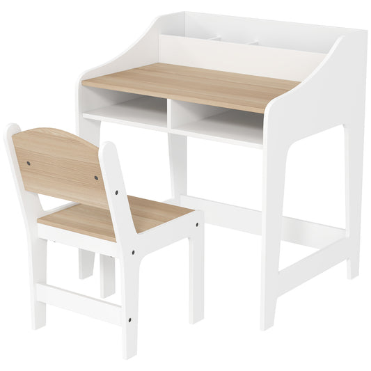 US Local Desk And Chair Set With Storage And Shelves, For Bedroom & Study Room, Gift For 3-8 Years Old, Natural Wood