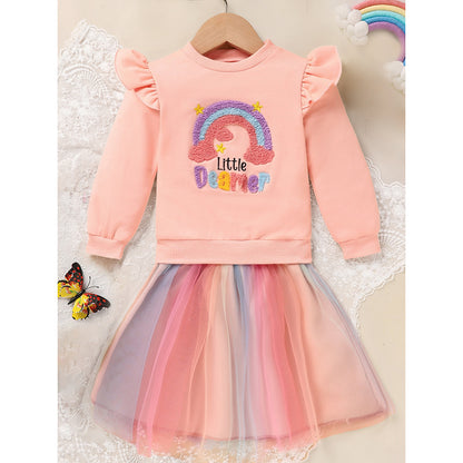 US Local Baby Girls Rainbow Skirt Set Letters Embroidery Long Sleeve Sweatshirt Tops & Rainbow Tutu Skirt Outfits
