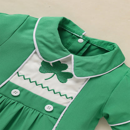 US Local Baby Green Lapel Short Sleeve Romper Clover Print Button Detail Playsuit With Snap Closure
