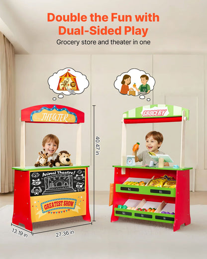 US Local Wooden Puppet Theater 2-in-1 Reversible Play Store Kids Play Market Stand