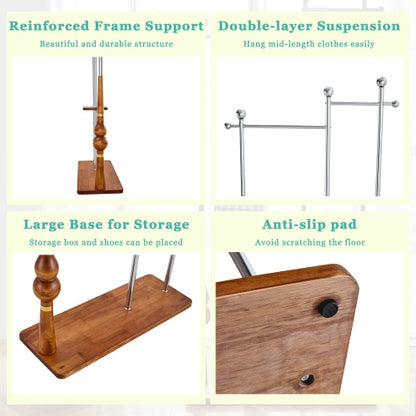 US Local 70  Industrial Coat Rack, Solid Wood & Silver Stainless Steel Clothing Rack, Double Layer Hanger For Coats, Hats, Bags, Shoes, Vintage Wood Grain  34.6  Wide