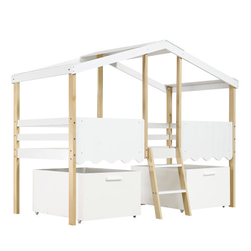 UK Local Wooden Bed, Storage Bed , Children's Bed, 3ft Single Bed 90x190cm, Safety Guardrail, Two Storage Boxes With Wheels, Imitation Roof Shape, Pine Wood  Particle Board, WhiteNatural