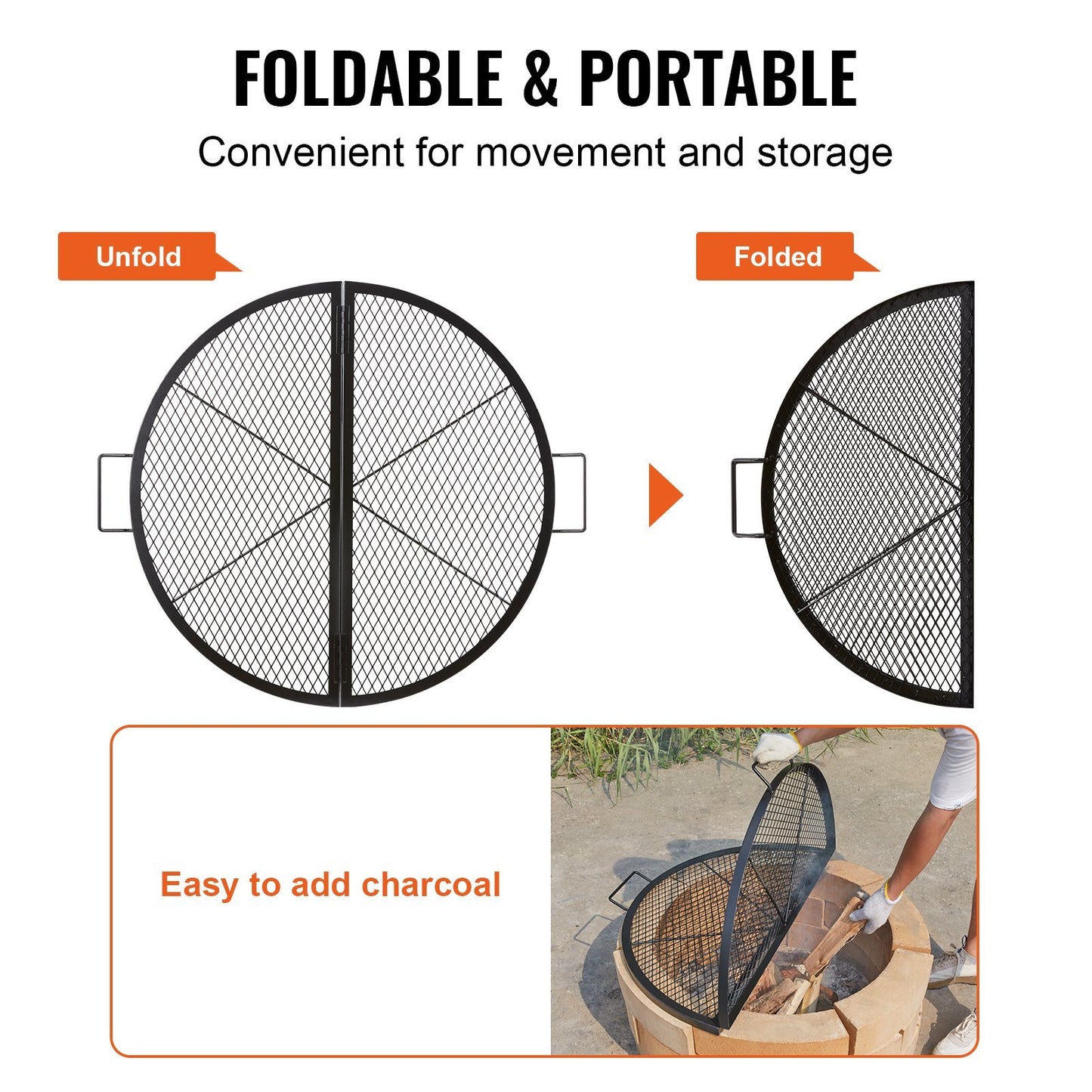 US Local VEVOR X-Marks Fire Pit Grill Grate, Foldable Round Cooking Grate, Heavy Duty Steel Campfire BBQ Grill Grid With Handle And Support X Wire, Portable Camping Cookware For Outside Party, 36 Inch Black