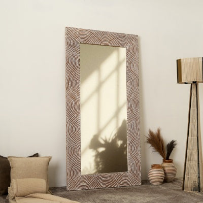 US Local Rustic White Solid Wood Handcarved Wave Design Rectangle Mirror Accent-36 X 72