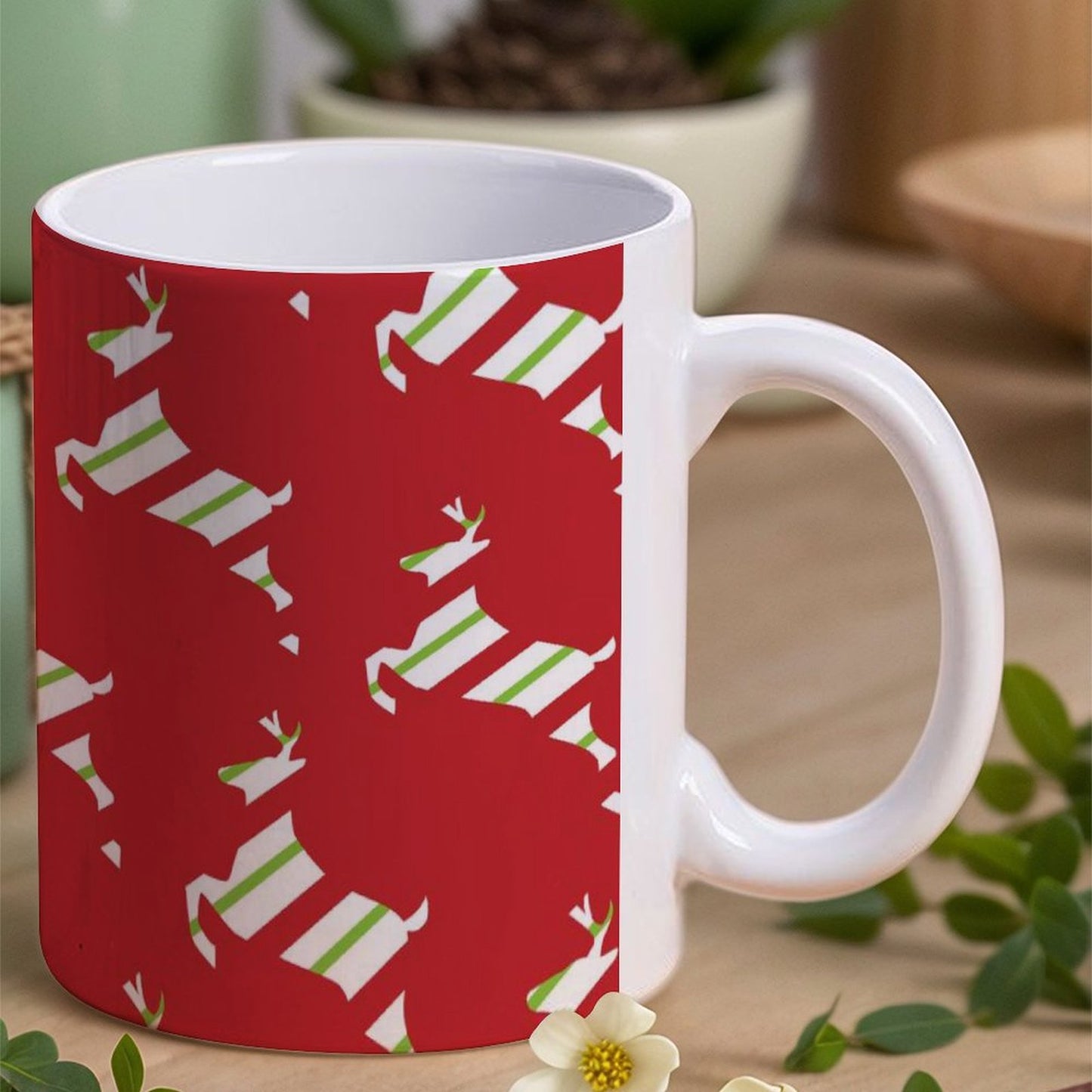 POD US Local White mug with full print, Christmas, Elk, Streamers, Red 0076
