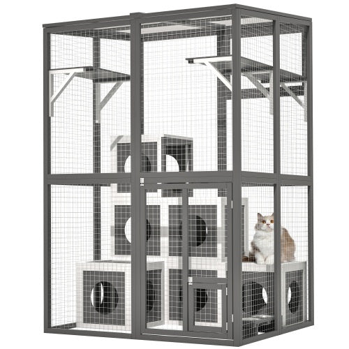US Local Outdoor Wooden Cat Catio - Large Solid Wood Cat Cage Playpen With 2 Jumping Platforms  7 Napping Houses, Walk-in Cat Kennel Condo Shelter, Grey