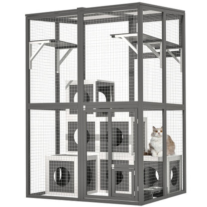 US Local Outdoor Wooden Cat Catio - Large Solid Wood Cat Cage Playpen With 2 Jumping Platforms  7 Napping Houses, Walk-in Cat Kennel Condo Shelter, Grey
