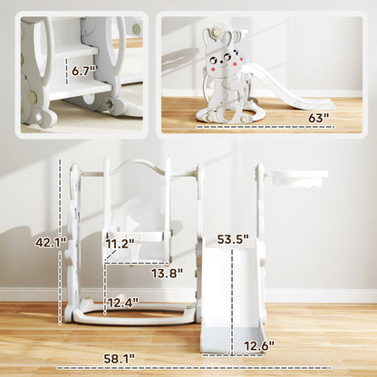 US Local 4 In 1 Toddler Slide And Swing Set With Climber, Basketball Hoop, Rabbit Themed Kids Playset For Ages 1.5-4, Gray