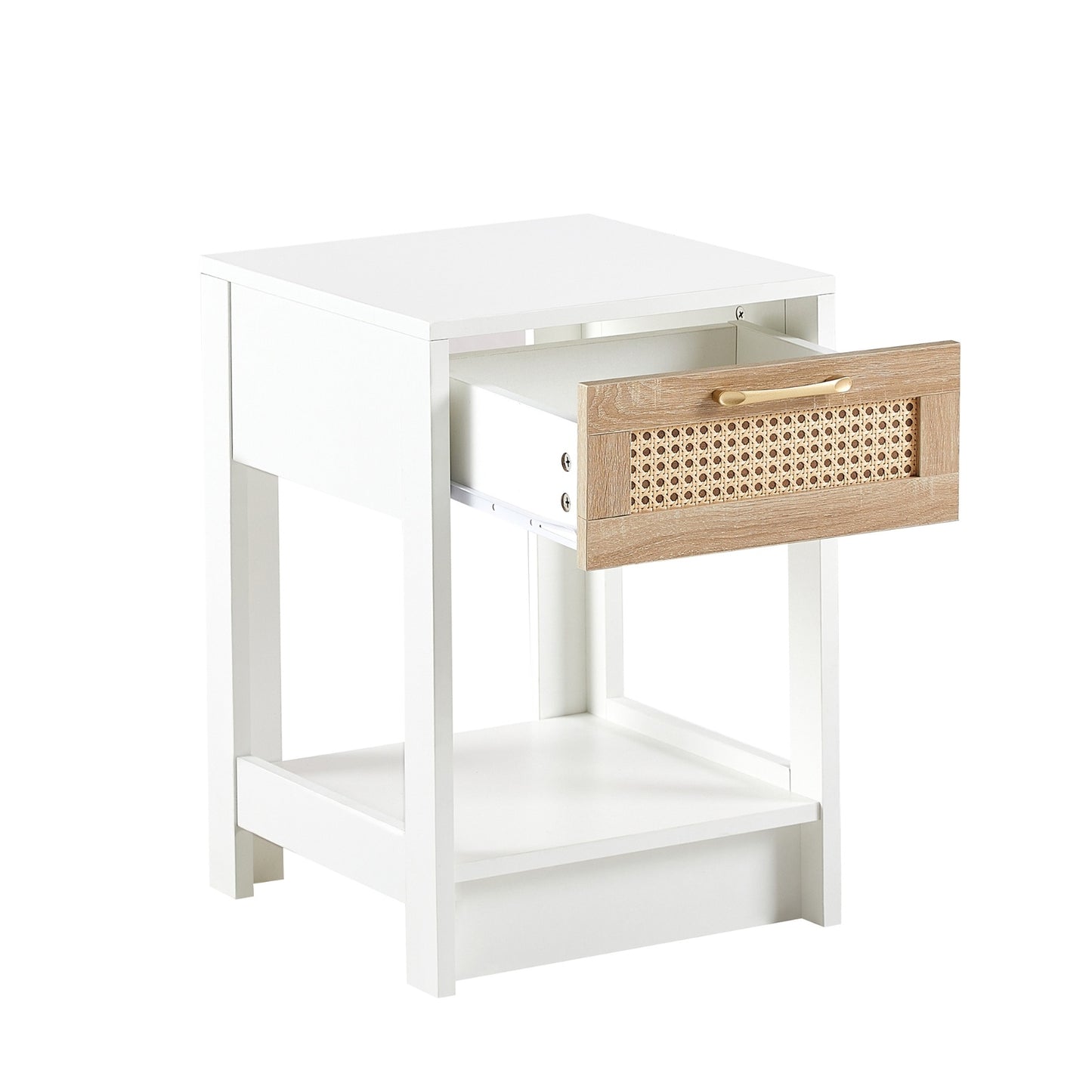 US Local 15.75 Rattan End Table With Drawer, Modern Nightstand For Bedroom, White