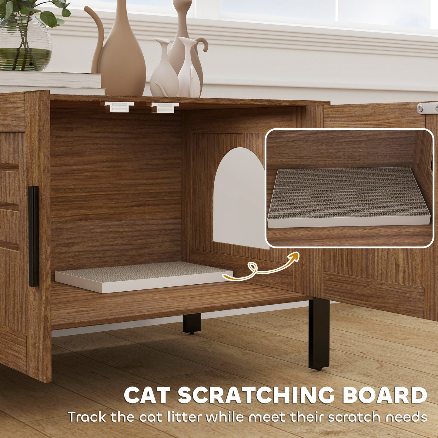 US Local Cat Litter Box Enclosure With Tall Legs, Scratching Board, Dark Brown, 31.5L X 17.7W X 19.7H