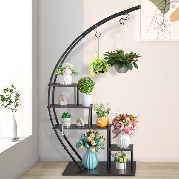 US Local 2pcs, 5-layer Semi-circular Iron Wood Black Iron Flower Rack