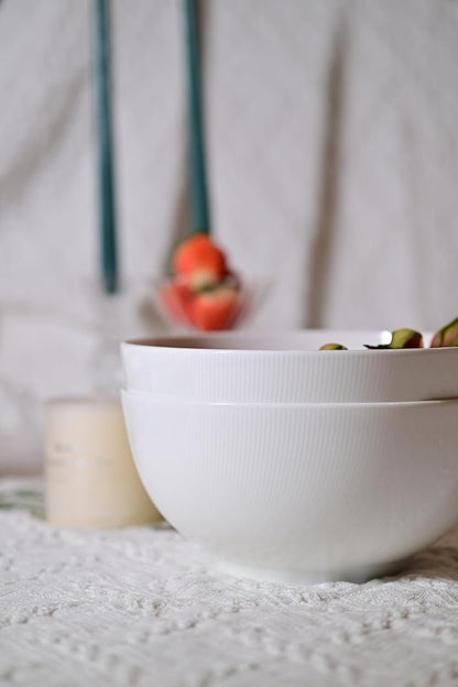 US Local Setaria Bone China Dinnerware Set, 2 Pieces 8-inch Large Deep Salad Bowl, Soup, Cereal, Oatmeal, Fruit, Rice, Ivory White With Narrow Curve Stripe