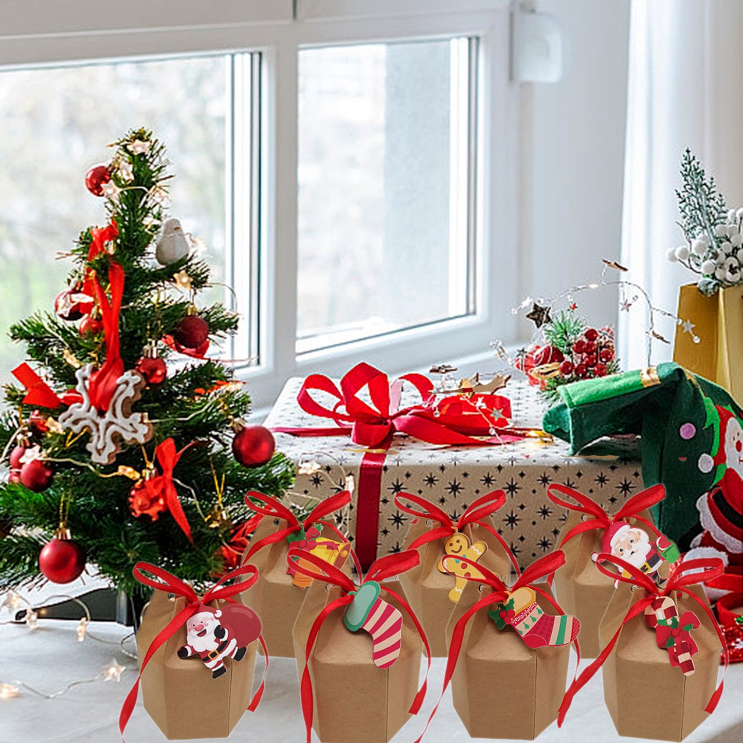 US Local 24 Pcs Christmas Treat Boxes With Cards And Ribbon Xmas Tree Santa Kraft Paper Cookies Candy Boxes Food Packaging Containers Gift Wrapping Box For Christmas Birthday Wedding Party Decoration