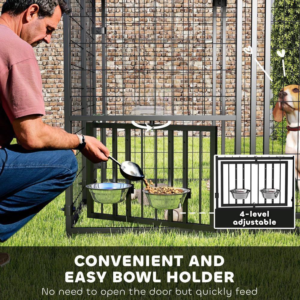 US Local Welded Wire Outdoor Dog Kennel With 360 Rotating & 4 Levels Adjustable Bowls, Waterproof Cover, 4.6 X 4.6 X 5