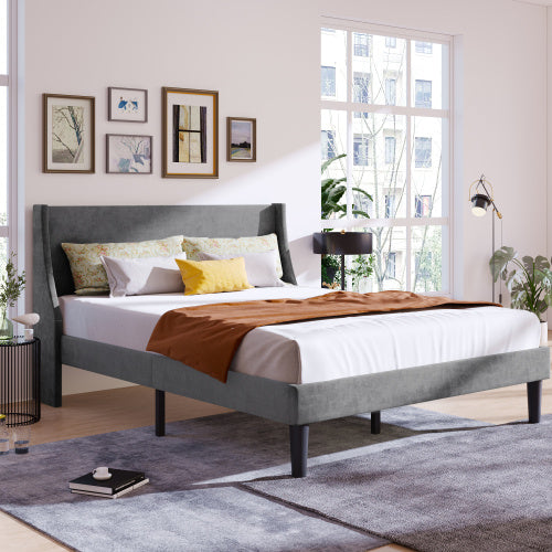 UK Local Double Bed Velvet Dark Green 4FT6 Upholstered Bed With Winged Headboard, Wood Slat Support