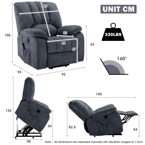 UK Local Electric Power Lift Recliner Chair Sofa With Massage And Heat For Elderly 2 Side Pockets USB Ports Single Recliner Chairs For Living Room Overstuffed Fabric Reclining