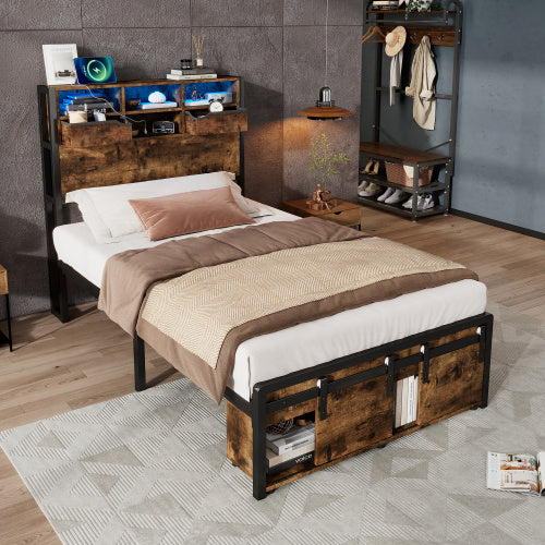 UK Local Metal Bed, Iron Bed, 3ft Single Bed 90x190cm, With Multi Color LED Strip Lights And Charging Port 2 A Type And 1 C Type, With Storage Space, Black  Wood Color