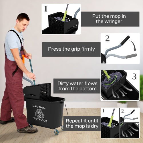 US Local HOMCOM Mop Bucket With Wringer On Wheels For Floor Cleaning, 21 Quart, Separate Dirty And Clean Water, Black