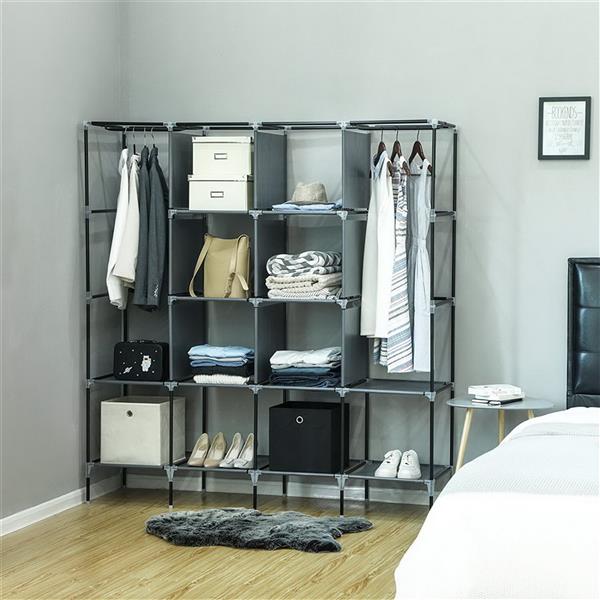 US Local Non Woven Wardrobe With 4 Rows Of High Feet And 4 Side Pockets