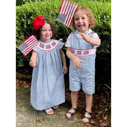 US Local Infant Baby Boy 4th Of July American Flag Smocked Romper Summer Sleeveless Jumpsuit For Independence Day & Memorial Day Celebrations