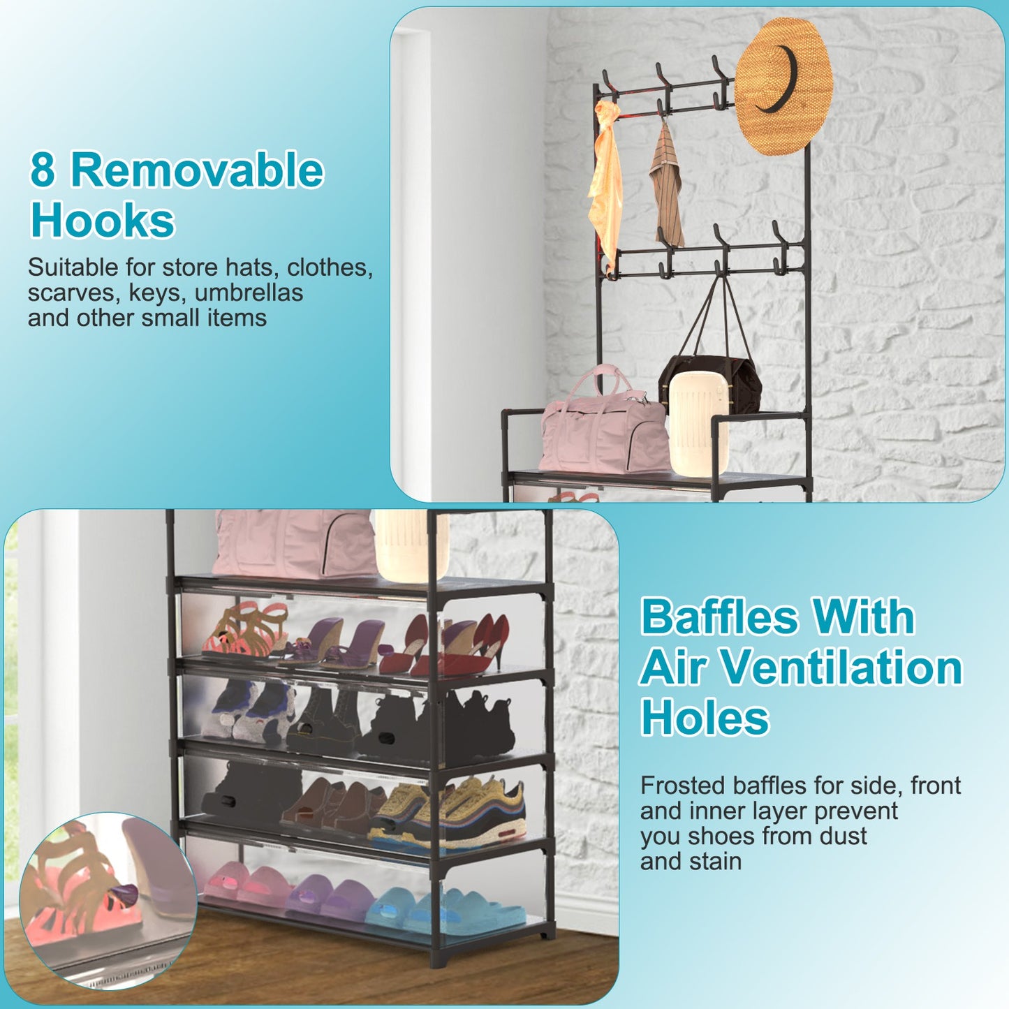 US Local 1Pc 5Tier Dustproof Entryway Hall Tree Coat Rack Shoe Rack With 8 Removable Hooks Freestanding Shoe Storage Shelf Hat Clothes Organizer For Front Door Bedroom Entryway