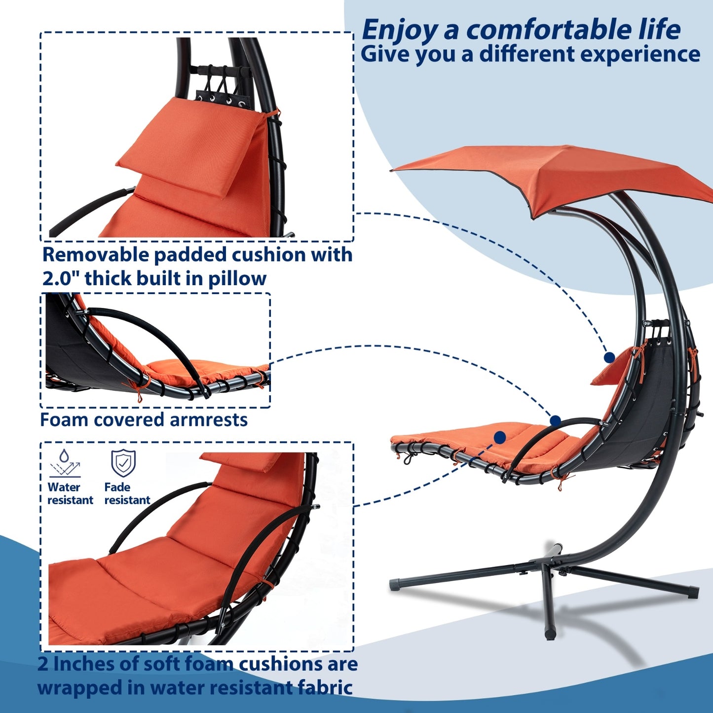 US Local Hanging Chaise Lounger With Removable Canopy, Outdoor Swing Chair With Built-in Pillow, Hanging Curv