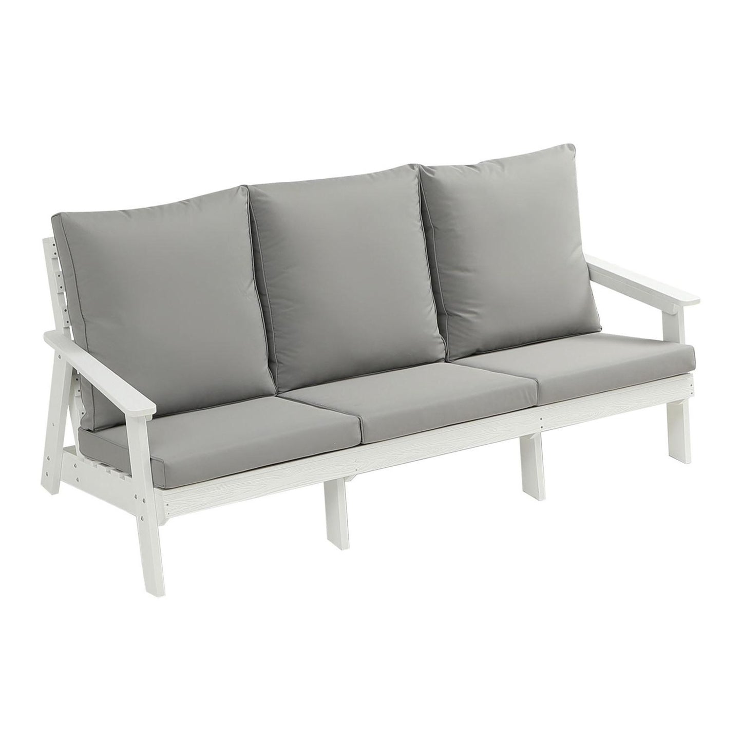 US Local HIPS 3 Seater Sofa With Cushion, Wood Grain Outdoor Garden Sofa,White Grey