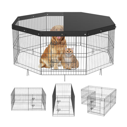 US Local VEVOR Dog Playpen, 8 Panels Foldable Metal Dog Exercise Pen With Top Cover, 24inch H Pet Fence Puppy Crate Kennel With Ground Stakes, Indoor Outdoor Dog Pen For Small Medium Pets, For Camping, Yard