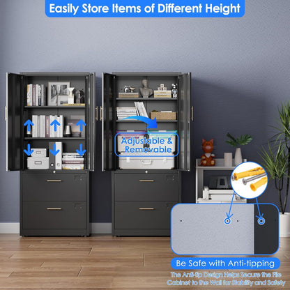 US Local 2 Drawer Lateral File Cabinet With Lock, Metal Filing Storage Cabinet With Locking Doors And 2 Adjustable Shelves For Home, Office, School, Fits A4 Letter Legal Size Folders, Assembly Required