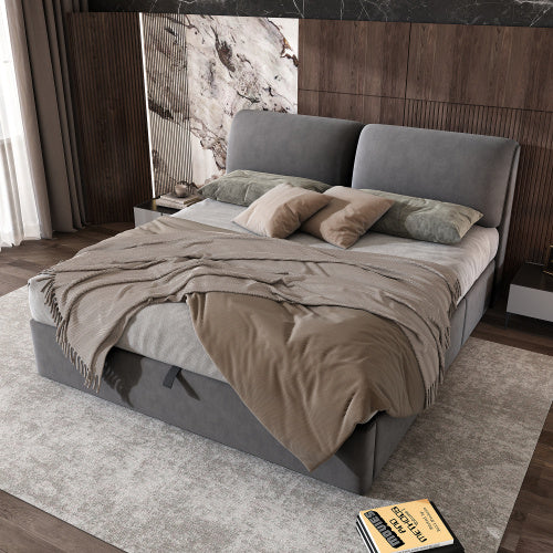UK Local Upholstered Bed,King Size Bed-5ftm  150x200cm, Hydraulic Bed, Three Drawers, Bed Box For Storage, Slatted Frame With Headboard, Without Mattress, Velvet, Grey