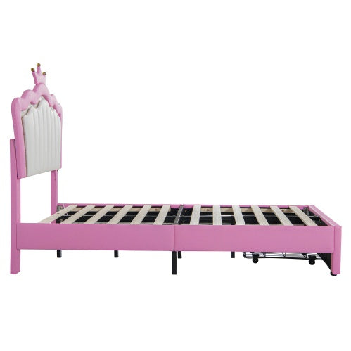 US Local Twin Size Upholstered Bed Frame With LED Lights, Modern Upholstered Princess Bed With Crown Headboard, A Drawer