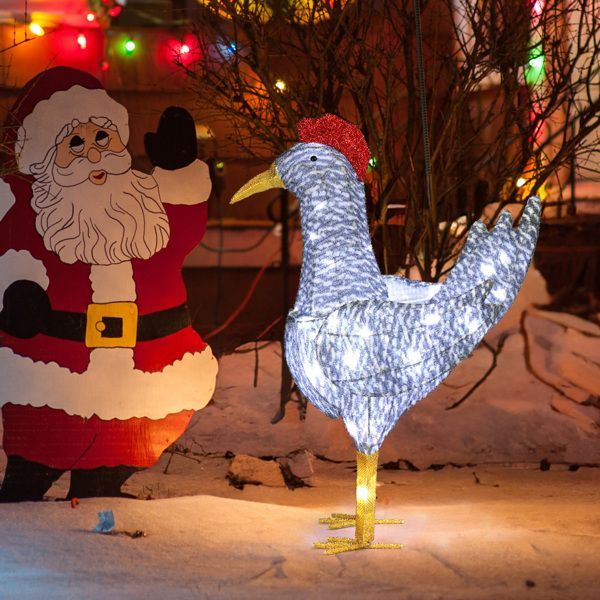 2FT Lighted Christmas Rooster Outdoor Decoration, Weather Proof Plush Rooster Christmas Ornament Home Decor Pre-lit 50 LED White Lights With Stakes