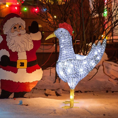 2FT Lighted Christmas Rooster Outdoor Decoration, Weather Proof Plush Rooster Christmas Ornament Home Decor Pre-lit 50 LED White Lights With Stakes