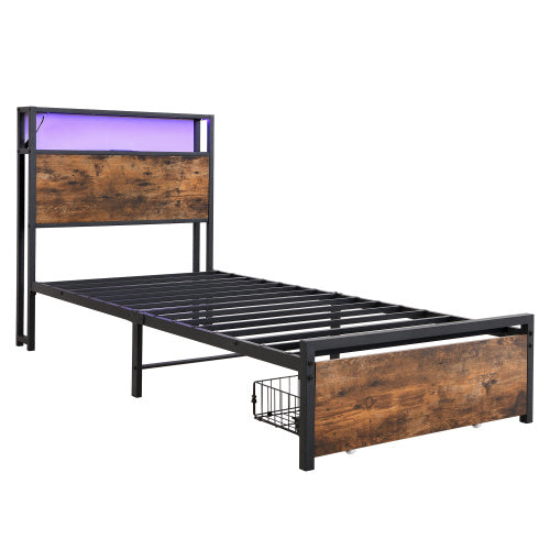 UK Local Metal Bed, 3FT Single Bed 90x190cm, With LED Light Strip And Drawer, 2 USB Port  1 Type C, Durable And Sturdy, Youth Bed, For Adults  Teenagers, Multifunctional Bed, Wrought Iron Bed, Black Walnut
