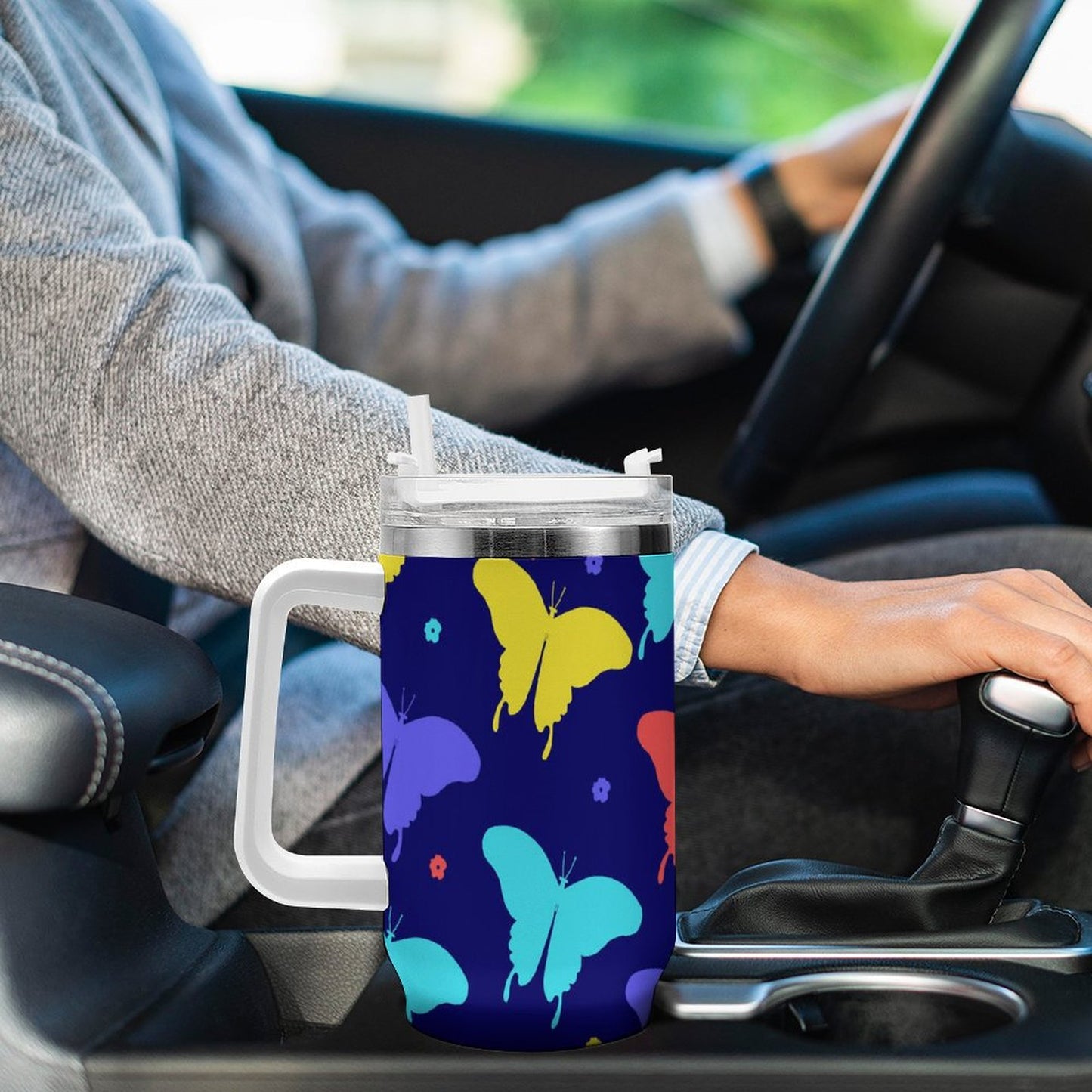 PHDT00506 POD US Local Tumbler 40oz Large Capacity Car Cup Butterfly Red Blue Yellow