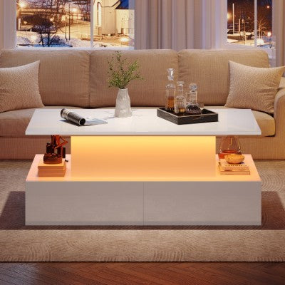 UK Local LED High Gloss Coffee Table With 4 Drawers, Lift Top Coffee Table, Wood Lifting Table Tea With Storage,Rectangular Coffee Table With Storage, 90 X 55 X 42.5 Cm, White