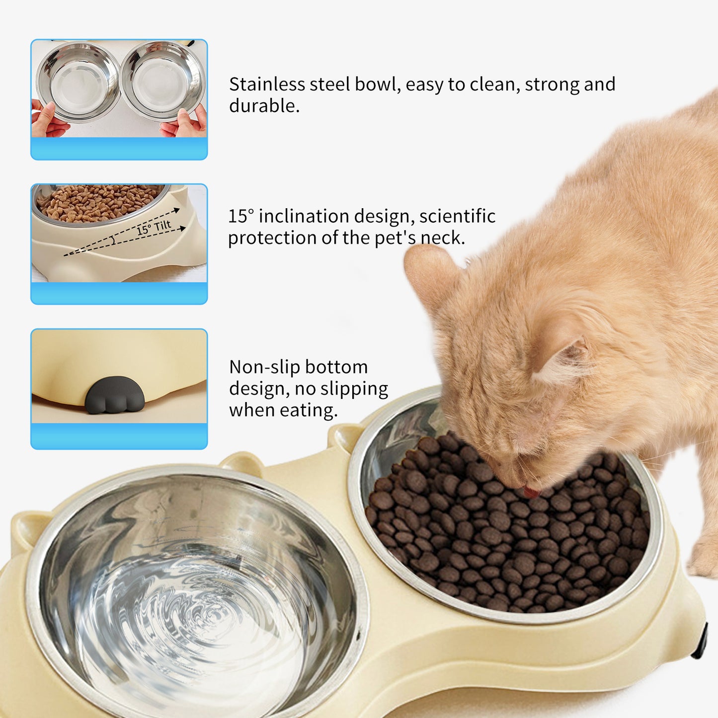 US Local Double Stainless Steel Pet Bowl Set, Macaron Colors, Non-Slip Base And Easy To Clean For Cats And Dogs, Indoor And Outdoor Use