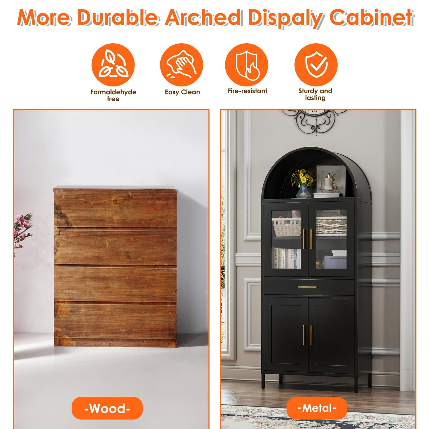 US Local 73 Inch Metal Tall Arched Display Cabinet, Metal Arched Bookshelf With Doors,Shelves,Drawers, Modern Freestanding Bookcase For Home Office Bar Living Room ,Black